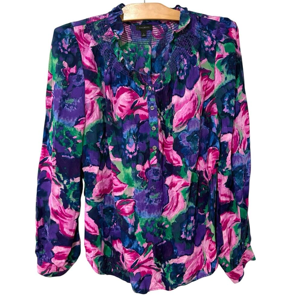 Talbots | Top Floral Bright Vibrant Long Sleeve Ruffle Smocked- Size Large